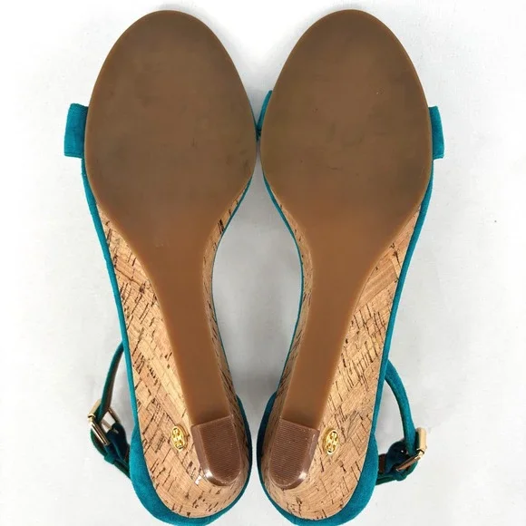 Tory Burch Teal Blue Suede Cork Wedge Sandals Ankle Strap Gold Logo Sz 10M - Picture 4 of 6